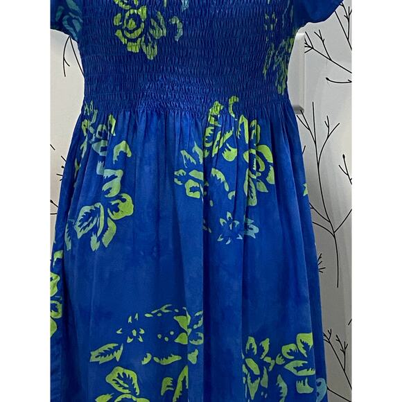GO FISH Blue Green Tie Dye Batik Hawaiian Smocked Flutter Sleeve Dress SMALL - Picture 3 of 6